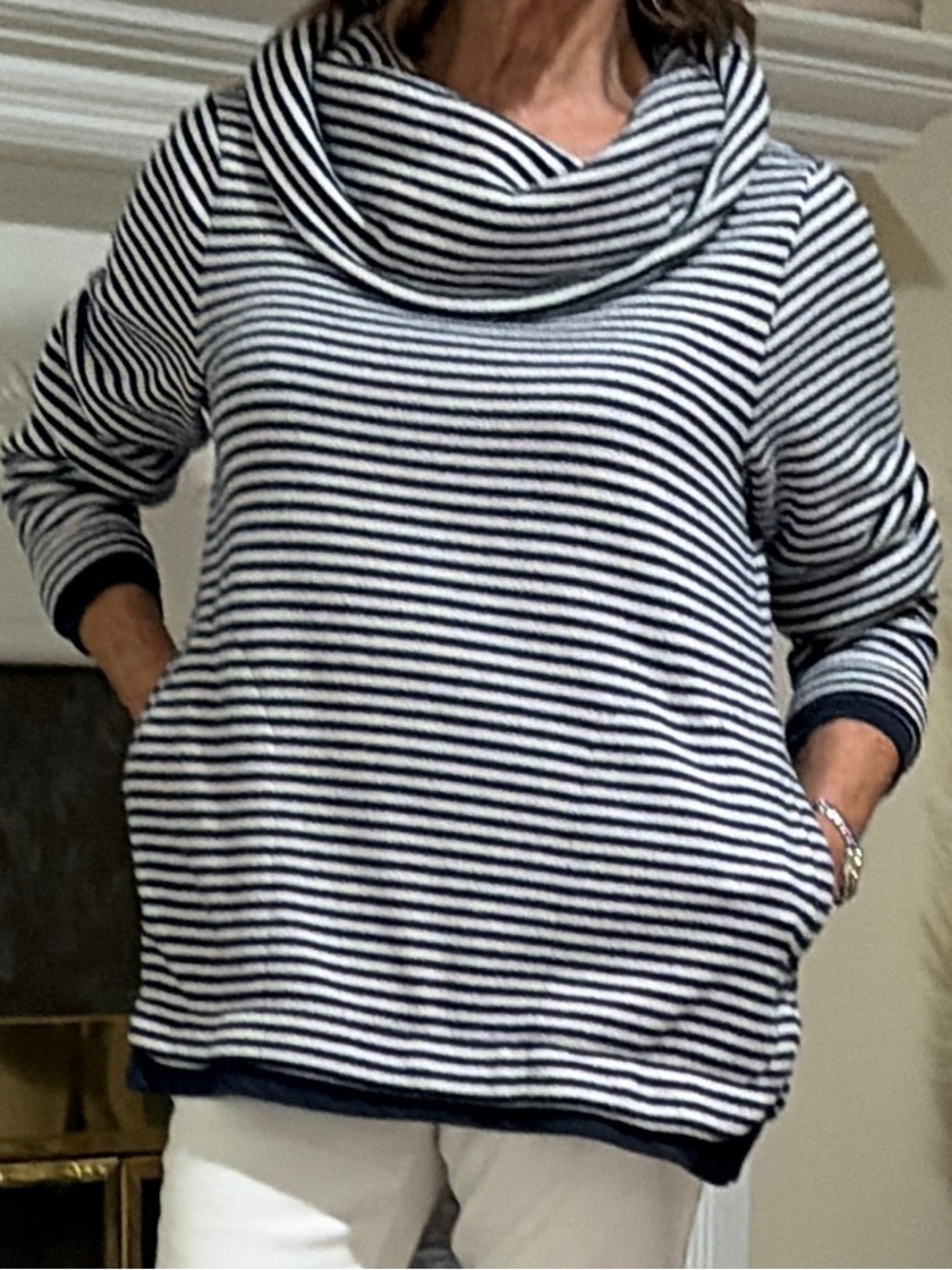 Heavy navy and white striped cowl neck shirt